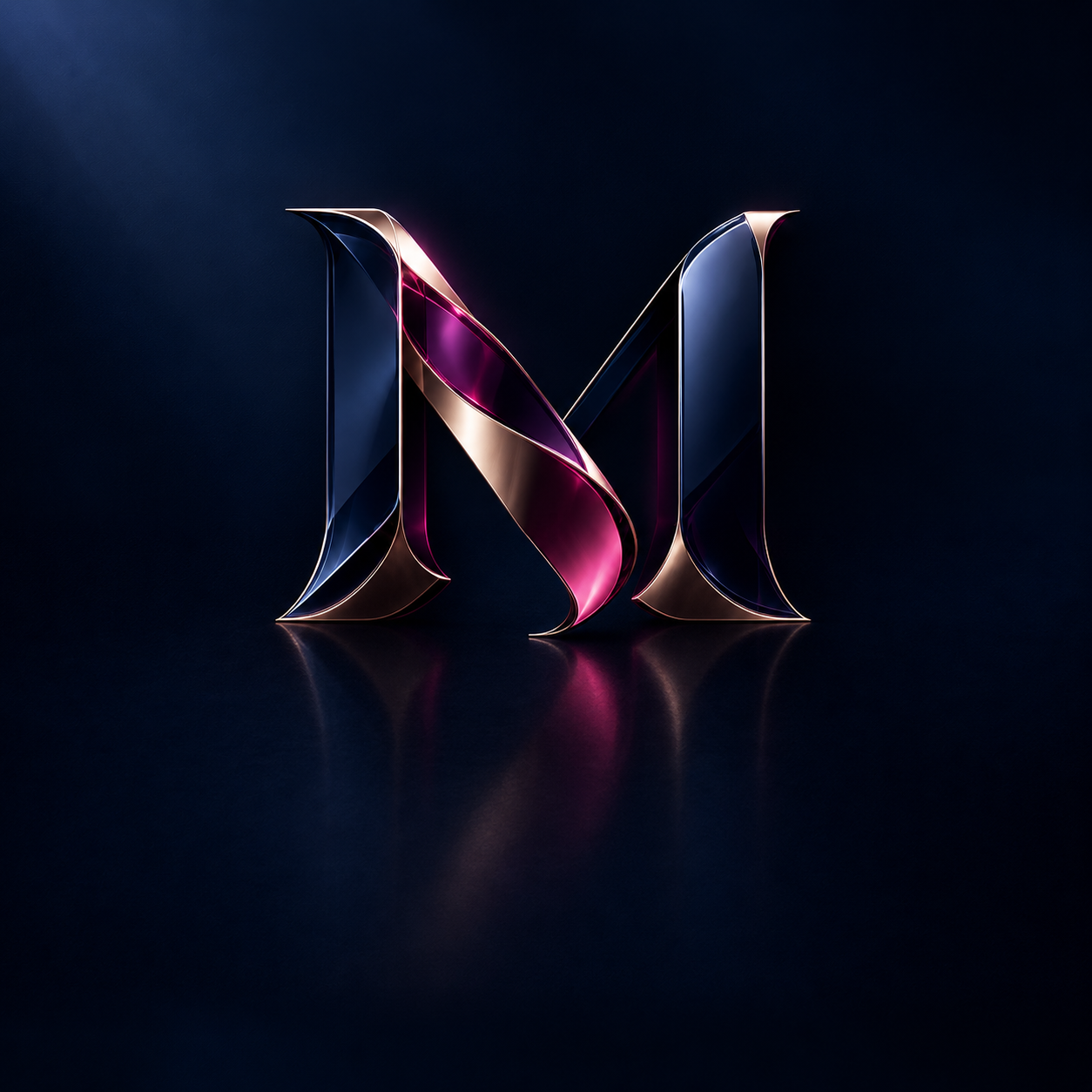 Metaliczny monogram M marki MAVERA w odcieniach różowego złota i granatu